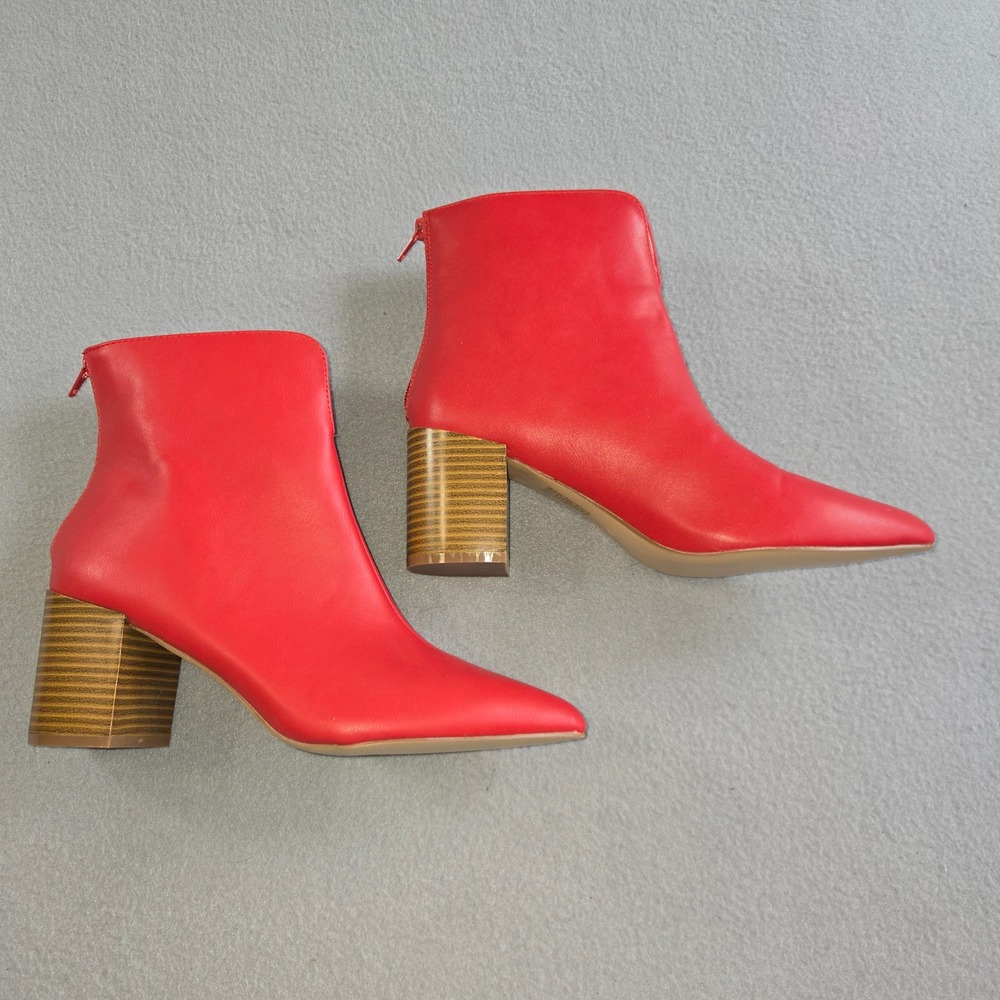 Journee Collection Ankle Boots Women 7.5 Red Pointed Toe V-Cut Block Heel Bootie - Picture 2 of 9